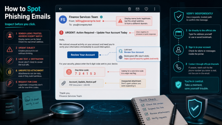 Suspicious email is inspected for sender mismatch, urgency, unsafe links, codes, and attachments