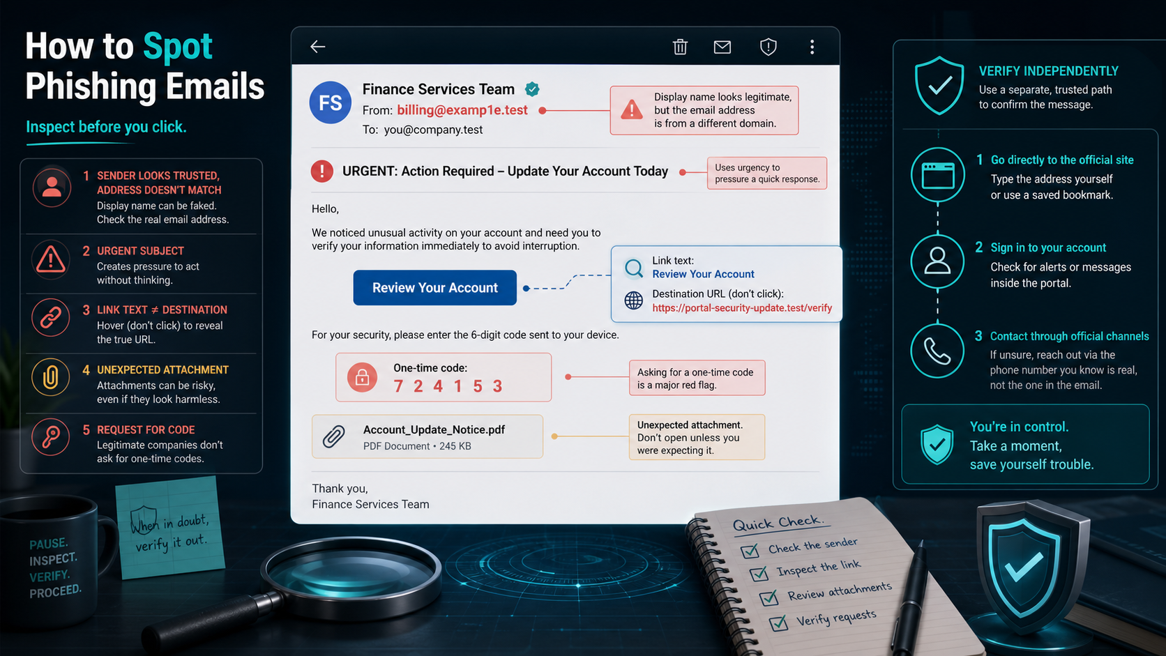 Suspicious email is inspected for sender mismatch, urgency, unsafe links, codes, and attachments