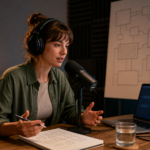 A first-time podcast creator rehearsing at a modest home recording desk