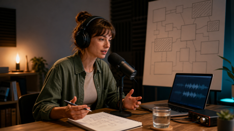 A first-time podcast creator rehearsing at a modest home recording desk