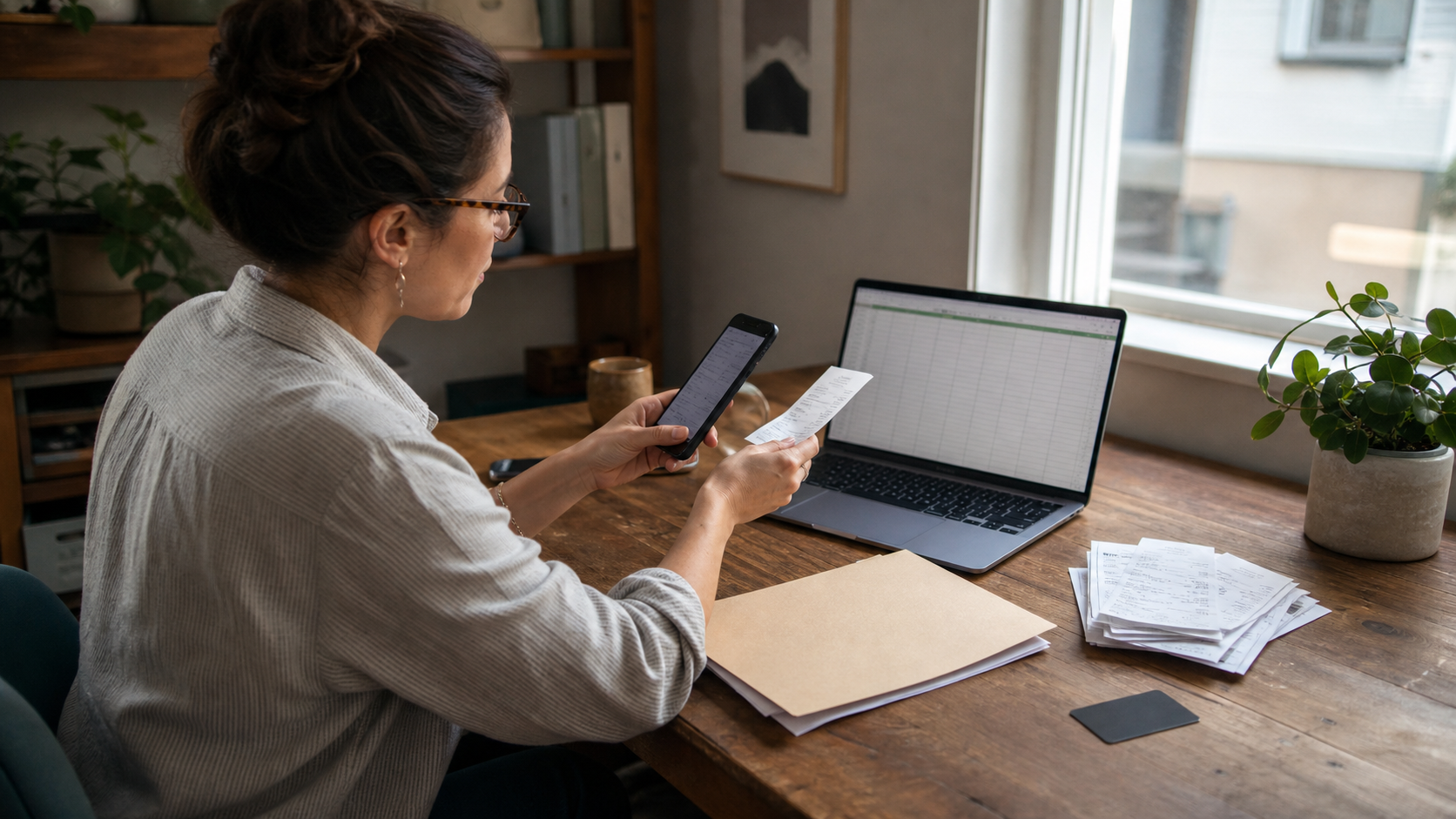 A small-business owner photographs a receipt while reviewing an expense ledger at a desk