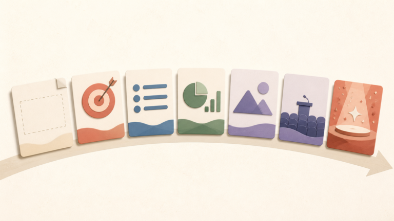 Six abstract slide cards progress from a blank canvas to a finished presentation