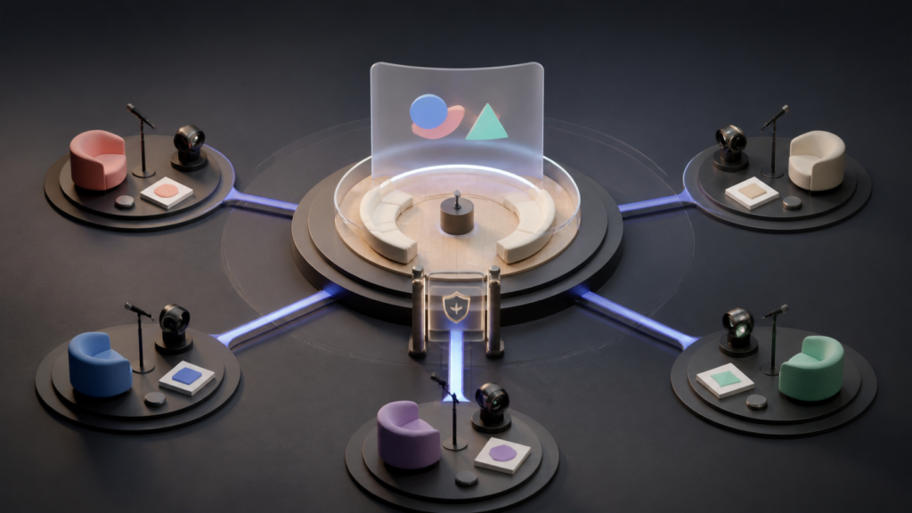 Remote meeting stations connect to one shared and controlled conversation space