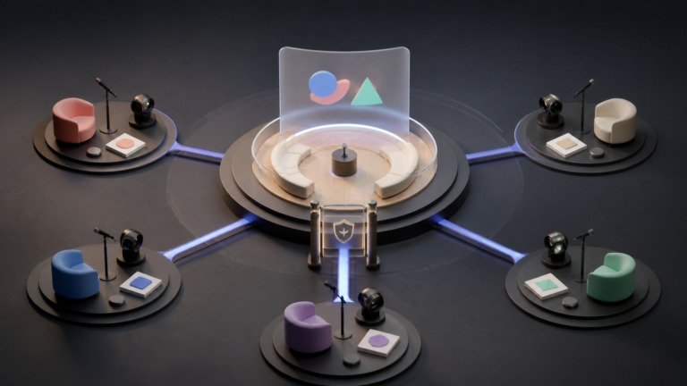 Remote meeting stations connect to one shared and controlled conversation space