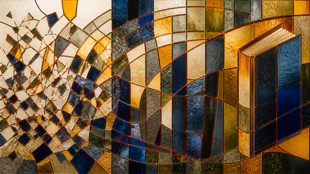 Stained-glass fragments gradually organizing into panels and the shape of a completed book