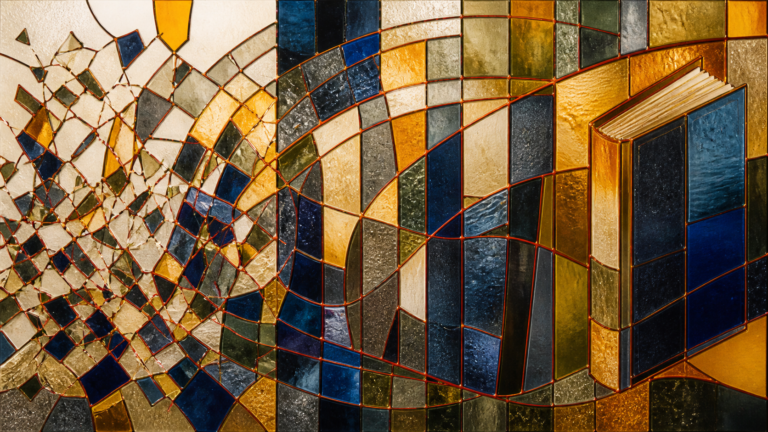 Stained-glass fragments gradually organizing into panels and the shape of a completed book