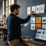 A small-business founder connects abstract evidence cards and a financial model in a bicycle repair workshop
