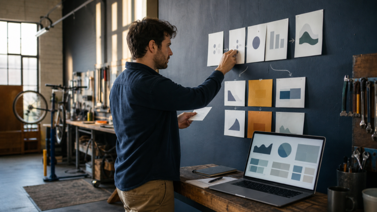 A small-business founder connects abstract evidence cards and a financial model in a bicycle repair workshop