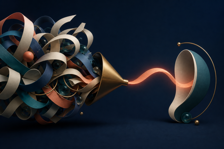A tangled bundle of ideas being distilled into one clear spoken arc that reaches a listening form