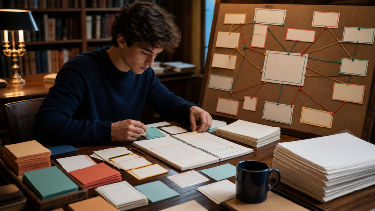 A student organizing blank evidence cards and manuscript pages with colored connections in a library