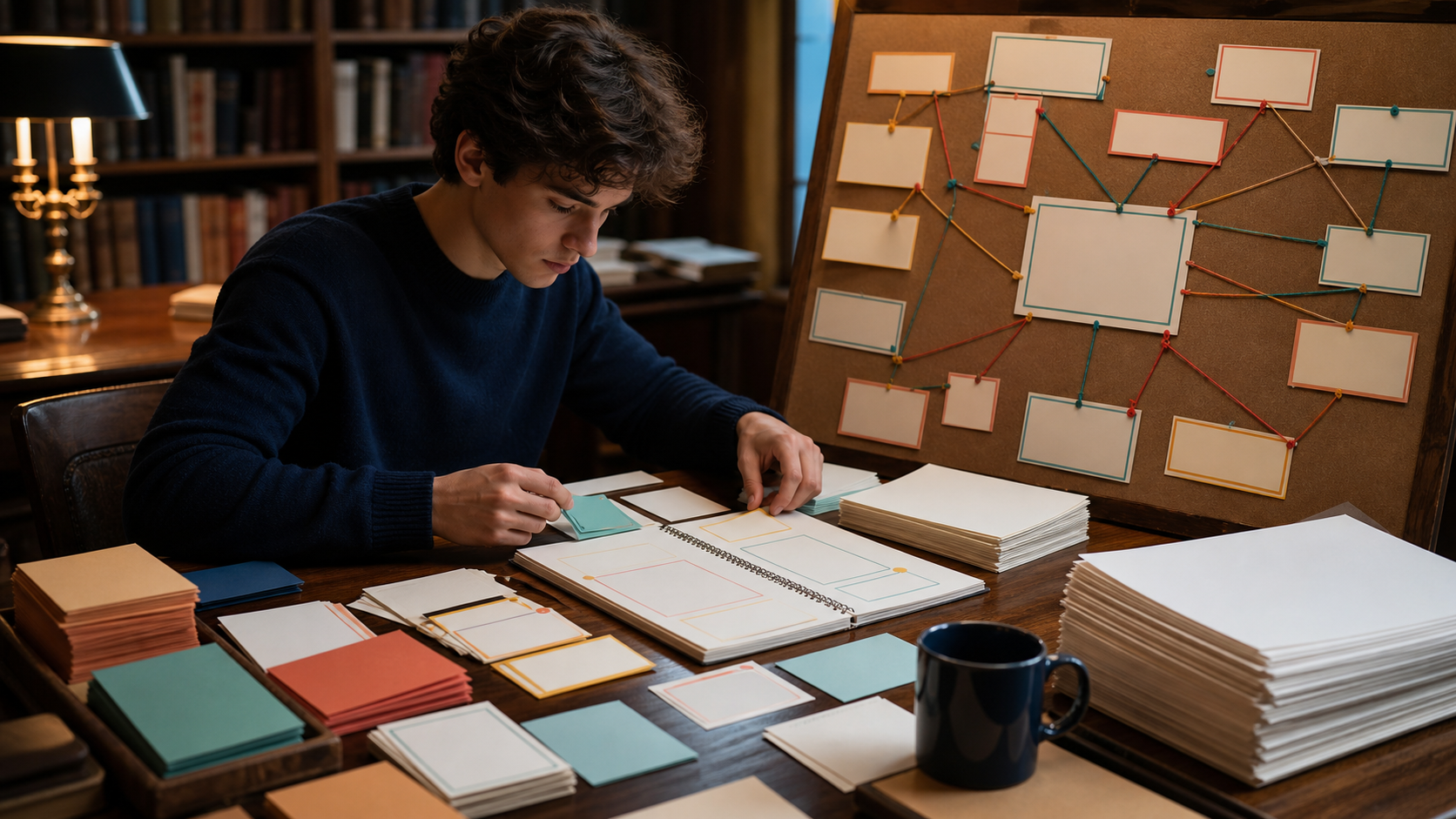 A student organizing blank evidence cards and manuscript pages with colored connections in a library