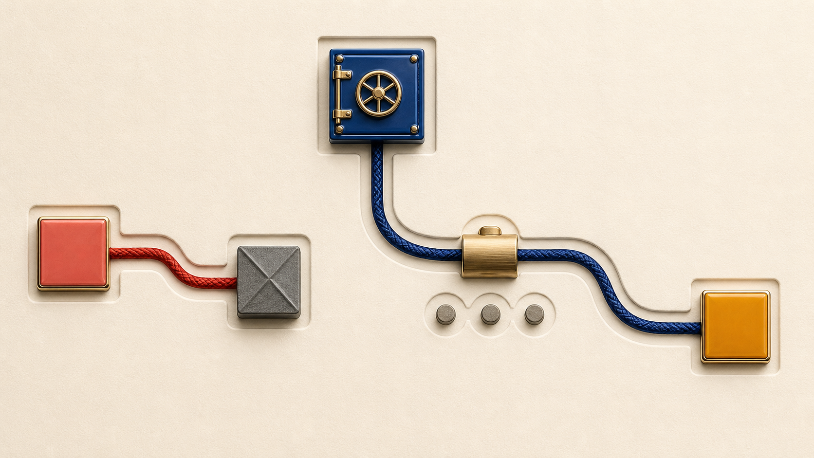 A red message route stops while a separate blue path runs from a trusted vault to the destination