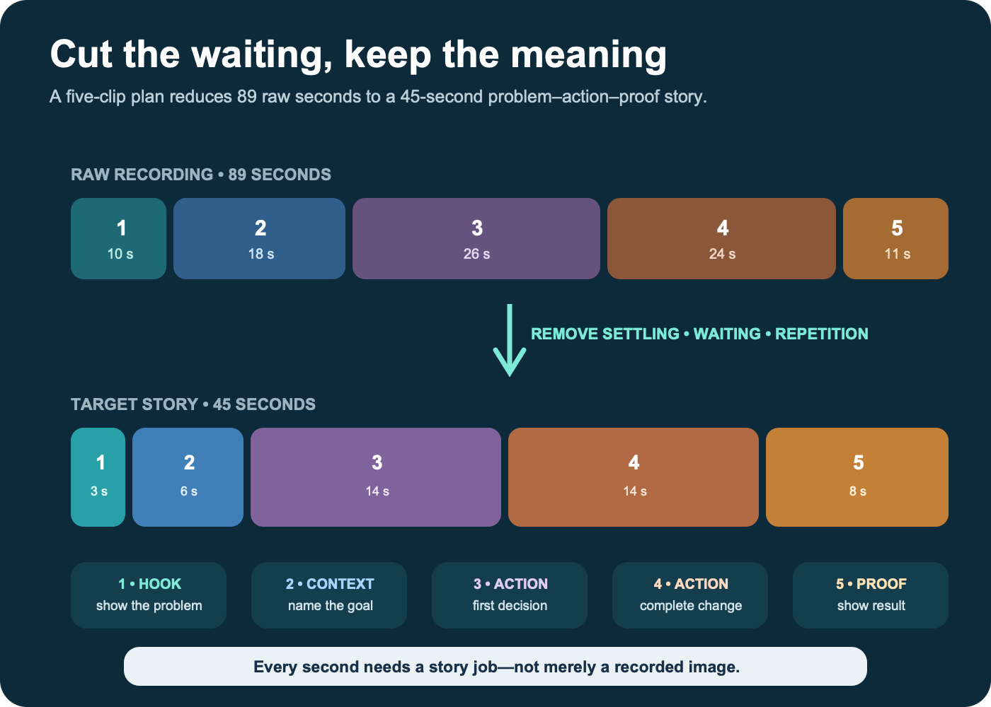Five-clip iPhone video timeline totaling 45 seconds with hook, context, two actions, and proof