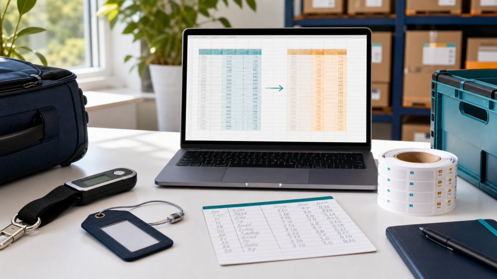 Operations desk with a conversion spreadsheet, luggage scale, travel tag, inventory labels, and a training log