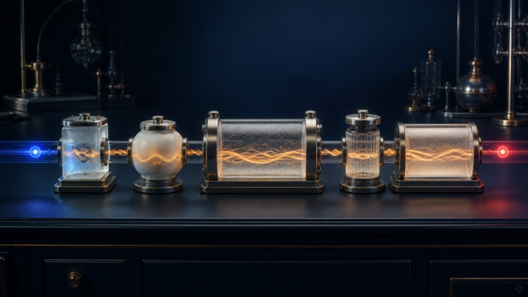 A light pulse accumulates delay while passing through five transparent timing chambers