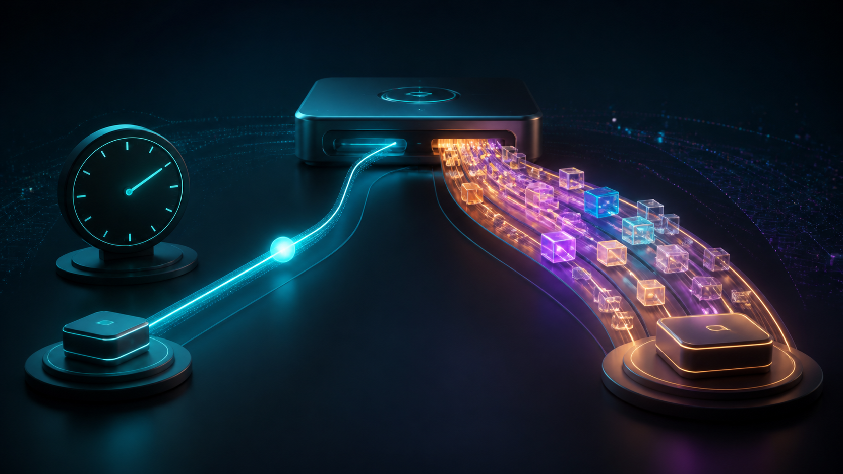 A single network pulse travels beside a clock while many data blocks move through a wide parallel path