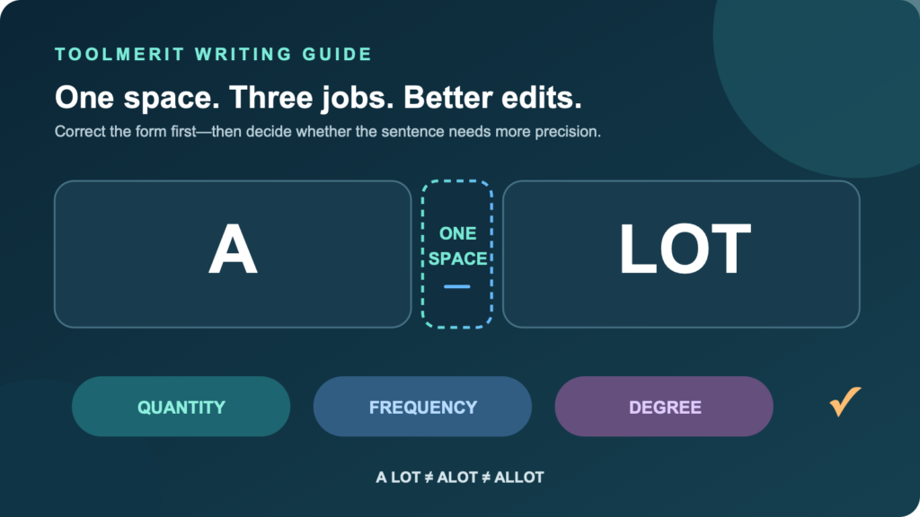 The phrase a lot shown as two separated words beside a spacing and meaning check