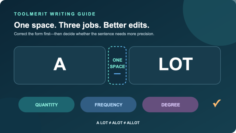 The phrase a lot shown as two separated words beside a spacing and meaning check