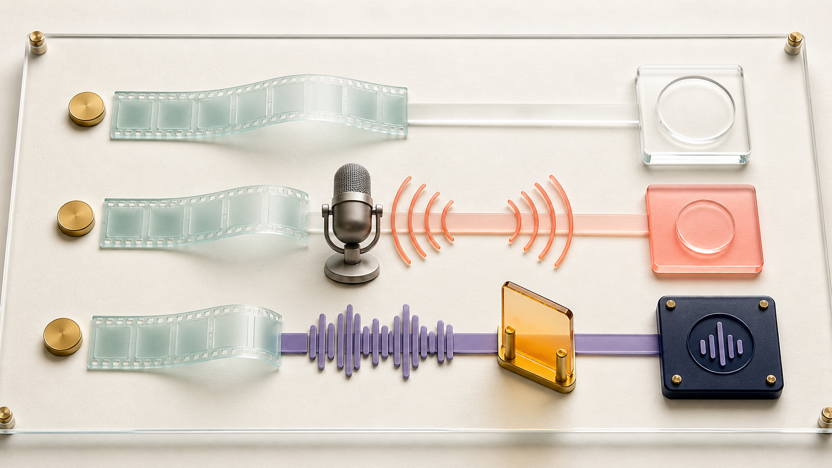 Three recording lanes show silent video, microphone narration, and app audio passing through a permission gate