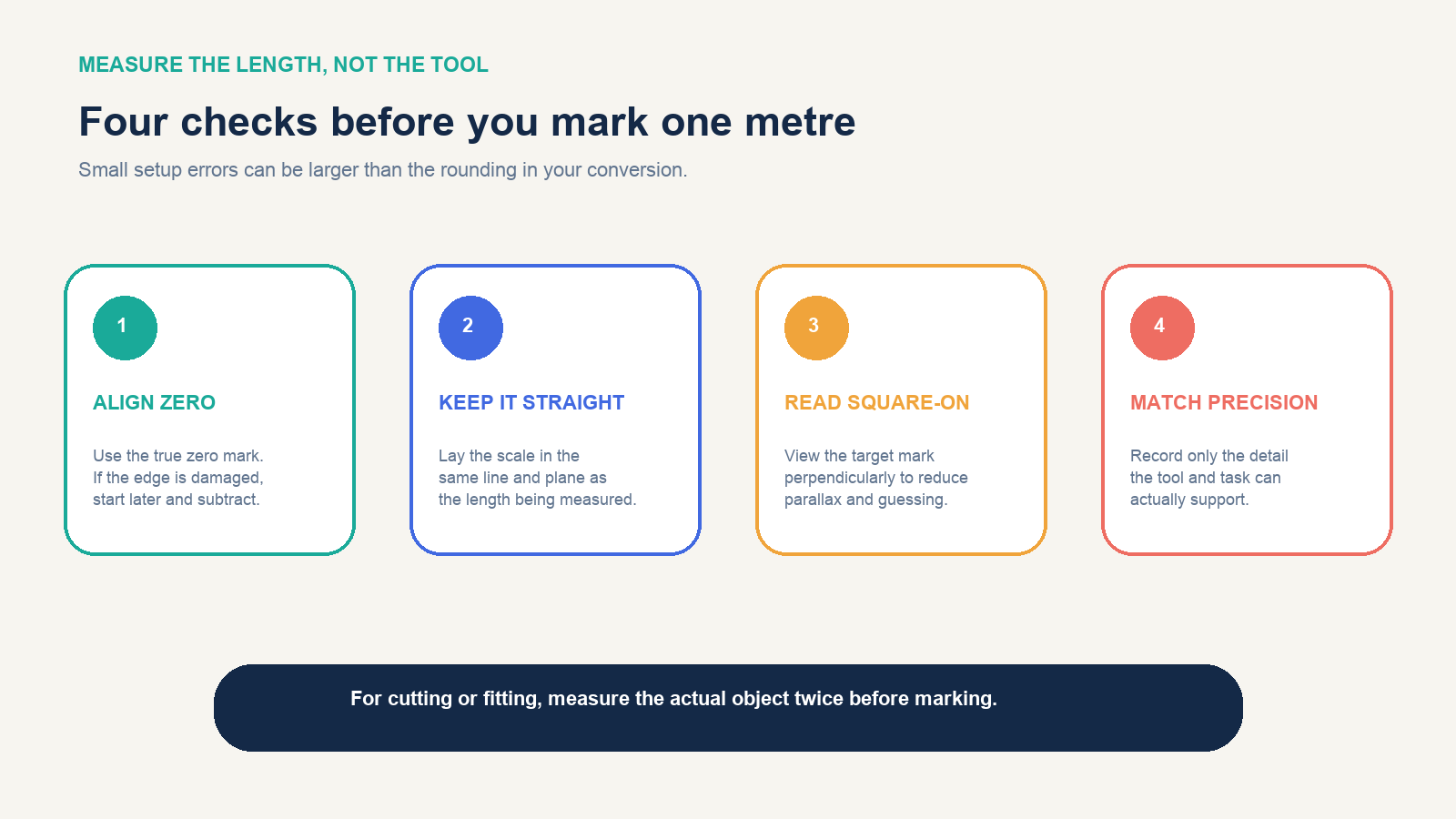 Four checks for measuring one metre: align zero, keep straight, read square-on and match precision
