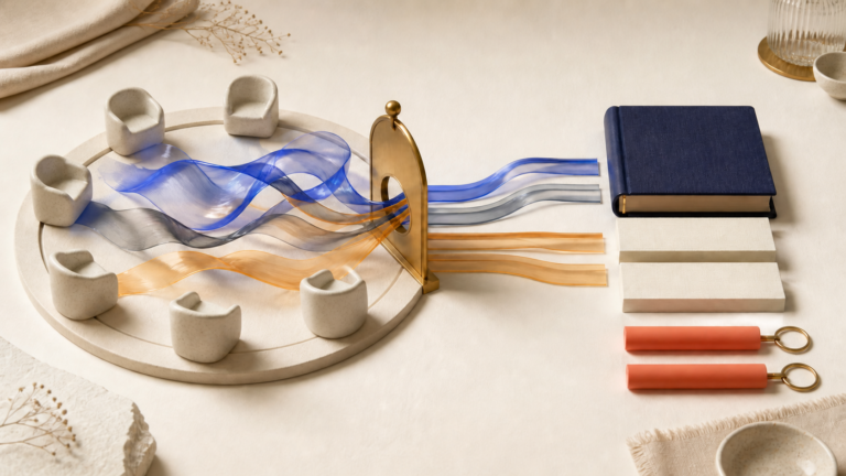 Conversation ribbons pass through an editorial gate and become an orderly meeting record