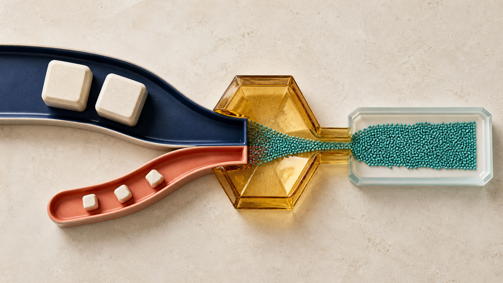 Separate channels of large and small mass pieces merge into one stream of metric granules