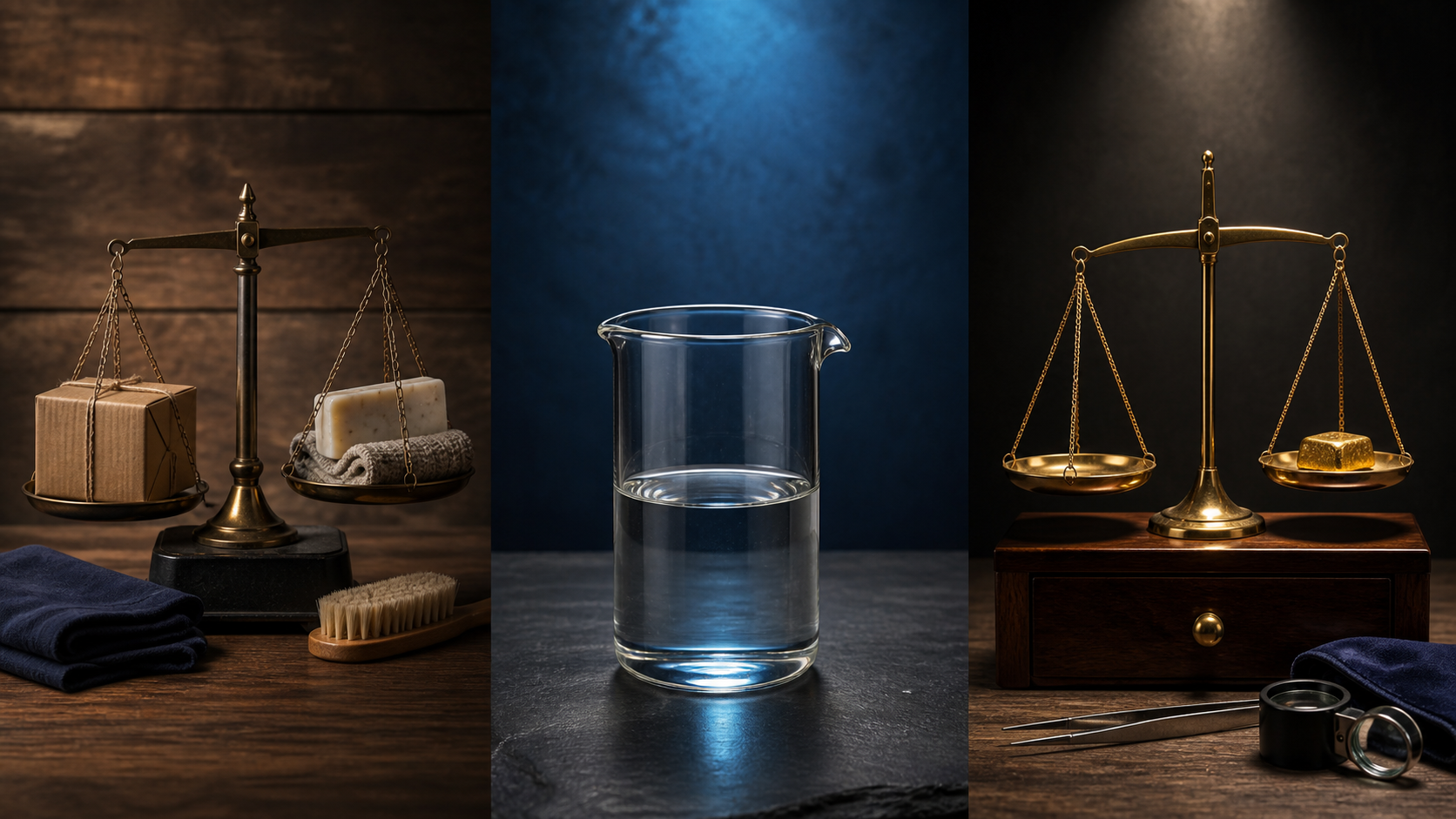 Separate scenes show everyday solid weight, liquid volume, and precious-metal weight