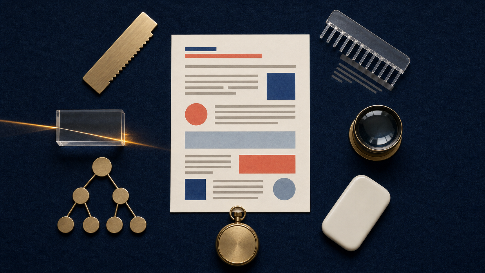 Six physical inspection tools surround a PDF page specimen and an unmarked stopwatch