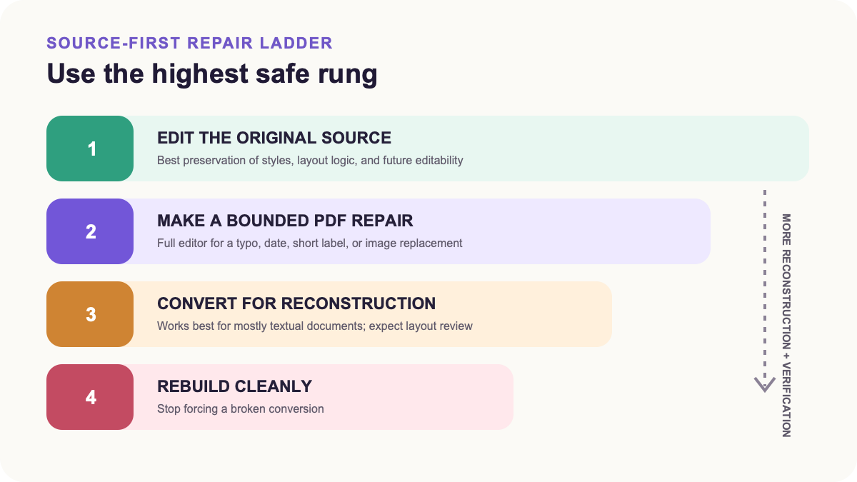 A source-first PDF editing ladder from the original document to a full PDF editor and controlled conversion