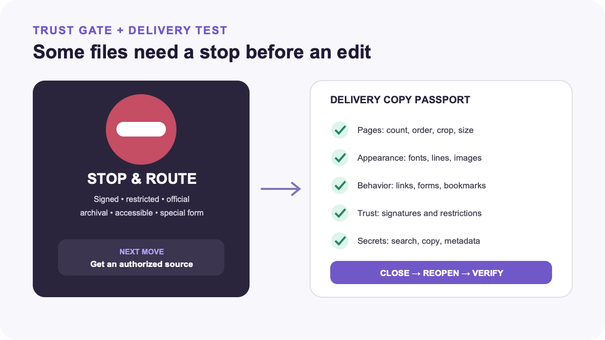 A stop gate for signed, restricted, redacted, archival, accessible, and special-form PDFs followed by a delivery-file test