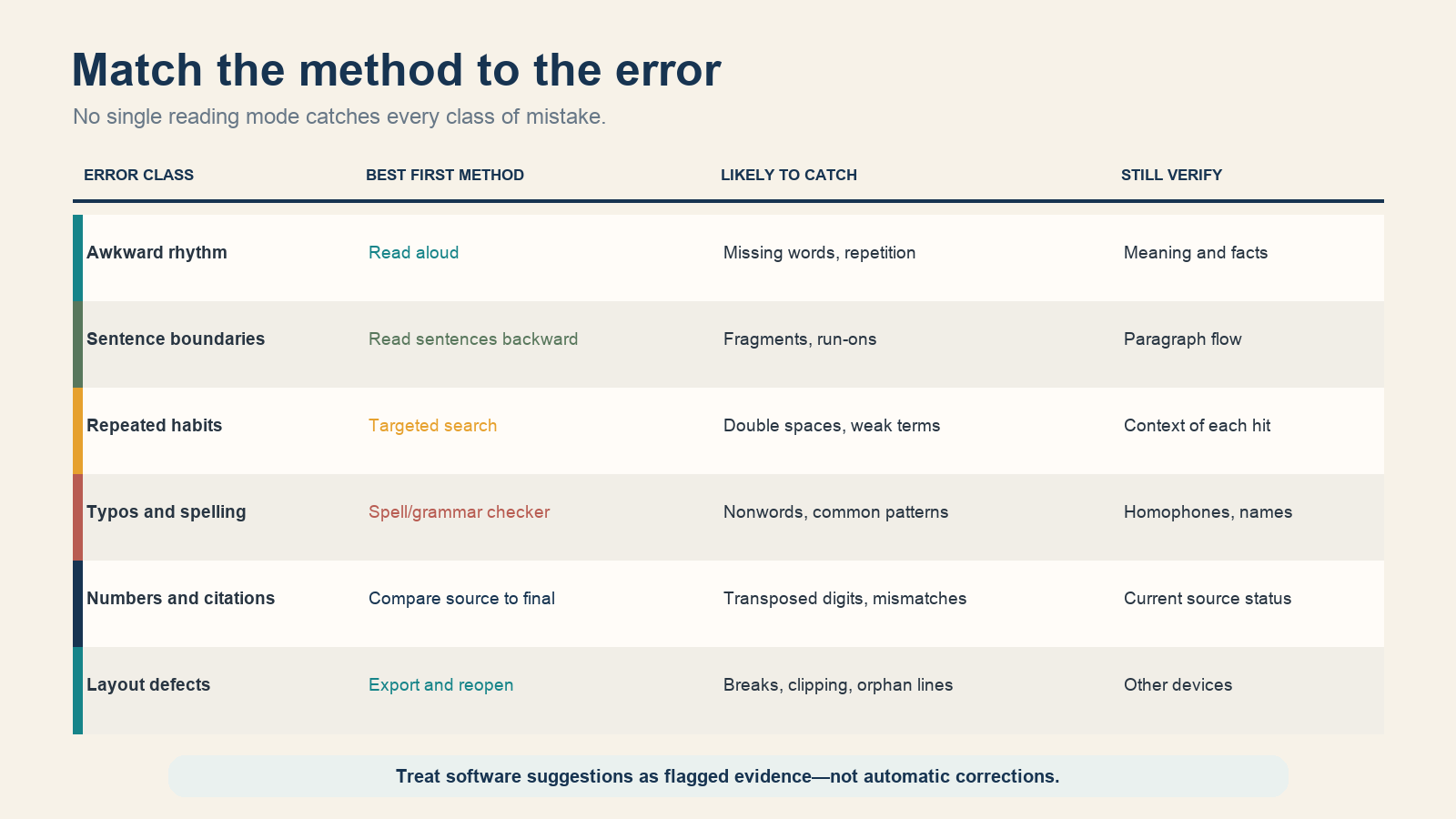 Matrix pairs six error classes with targeted proofreading methods and remaining checks