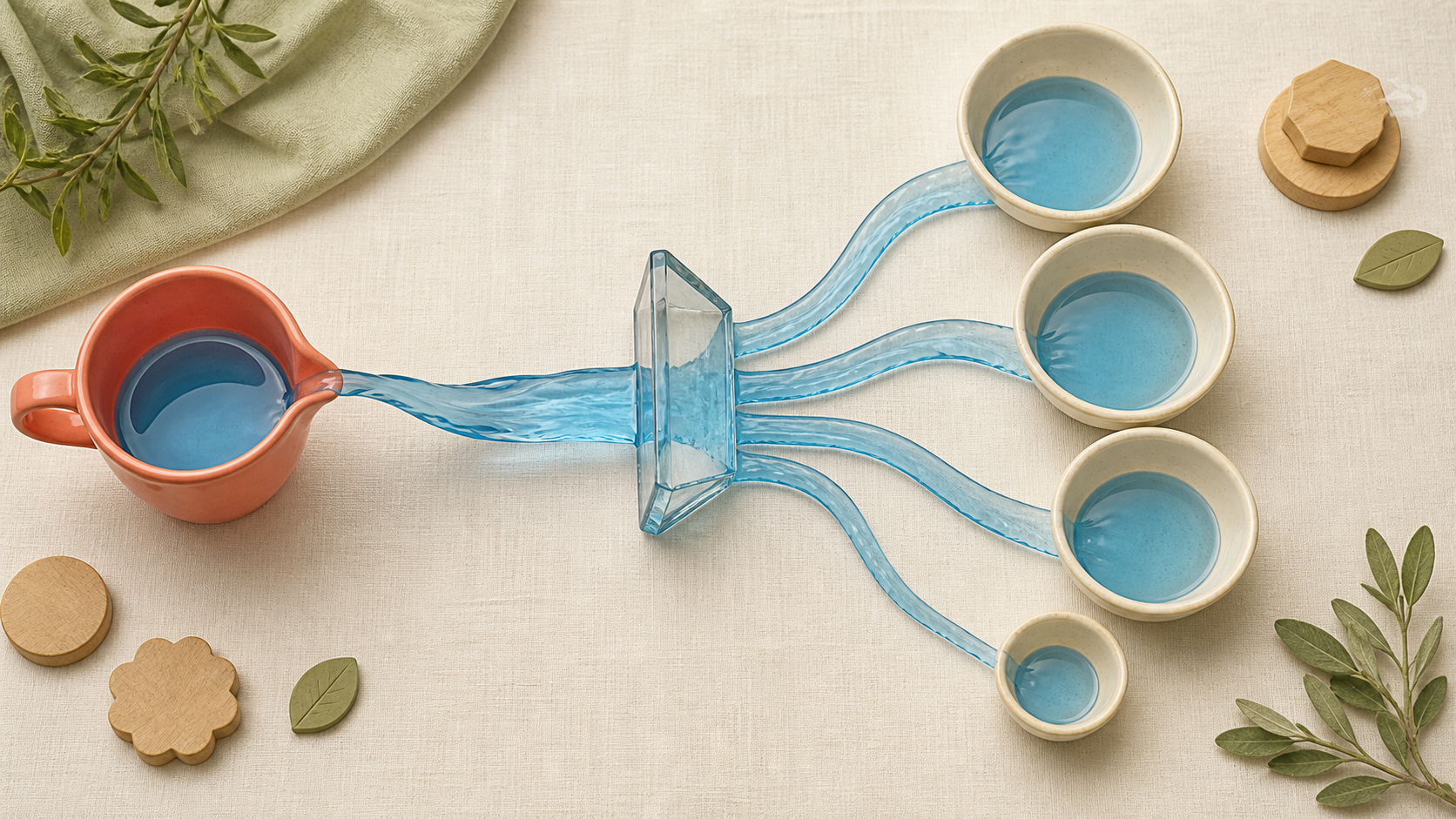 A small pouring cup flows through a divider into several batch-prep bowls