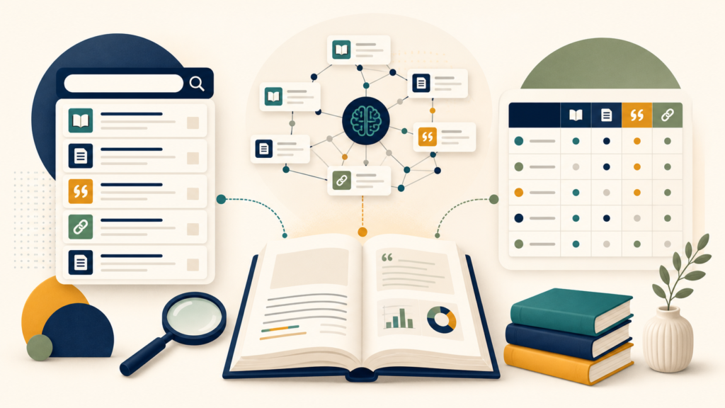 Broad search results, an AI citation graph, and an evidence table surround an open research paper