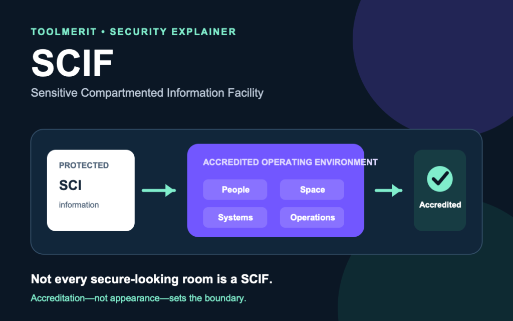 Conceptual accredited SCIF boundary connecting protected information, authorized people, controlled operations, and formal accreditation