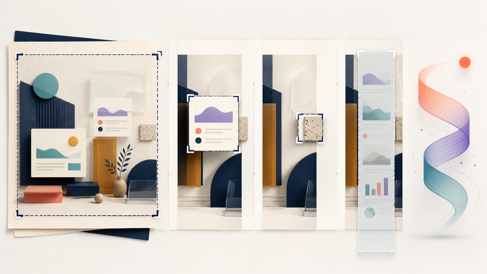 Four capture frames isolate a full scene, one card, a small detail, and a long vertical page