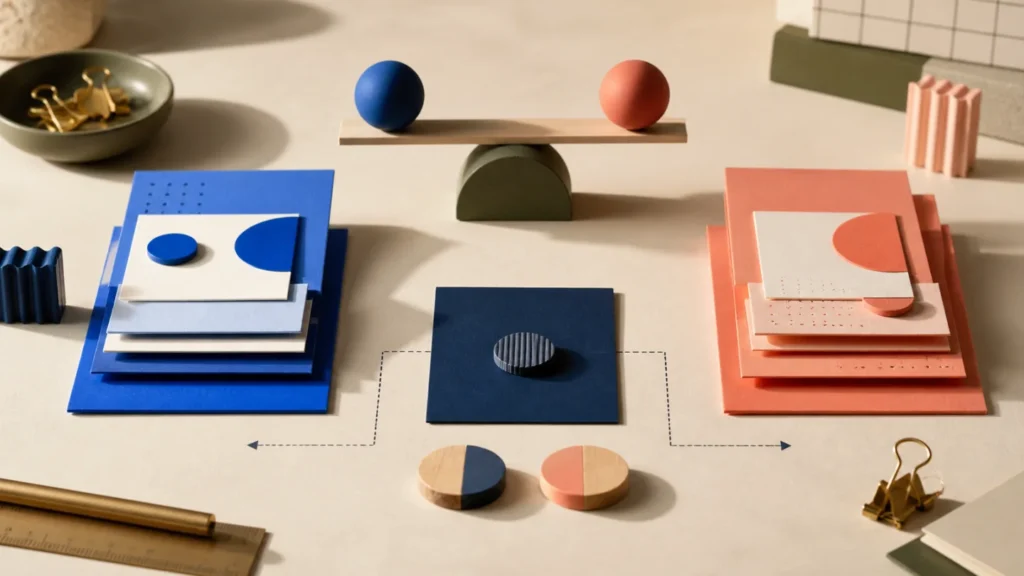 Two sets of decision cards balanced side by side for a fair software comparison