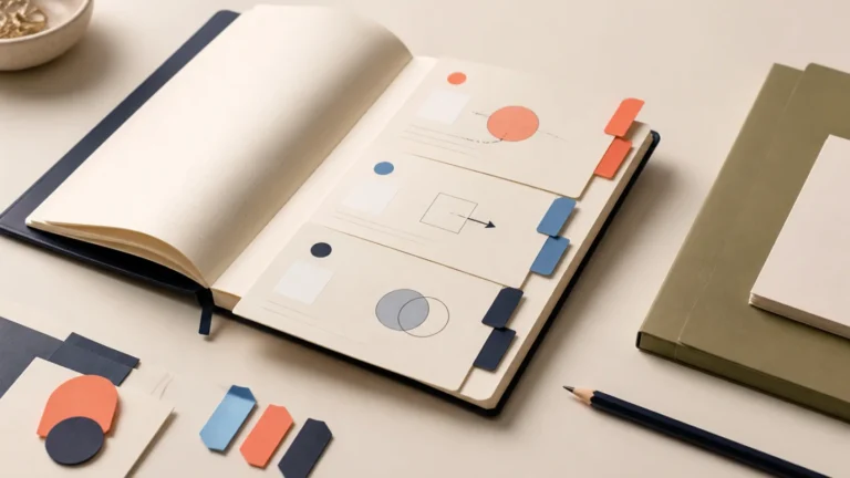 Open workflow notebook with organized guide cards and colorful index tabs