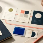Editorial still life showing research cards, workflow steps, and planning materials