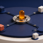 A fixed amber network beacon stays anchored while endpoint blocks move around it