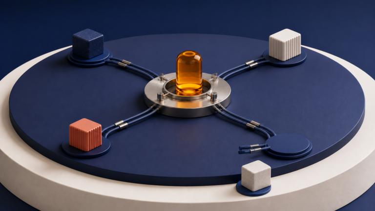 A fixed amber network beacon stays anchored while endpoint blocks move around it