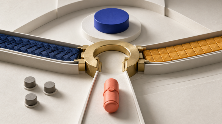 A coral message capsule waits at a brass gate where two independent evidence paths meet