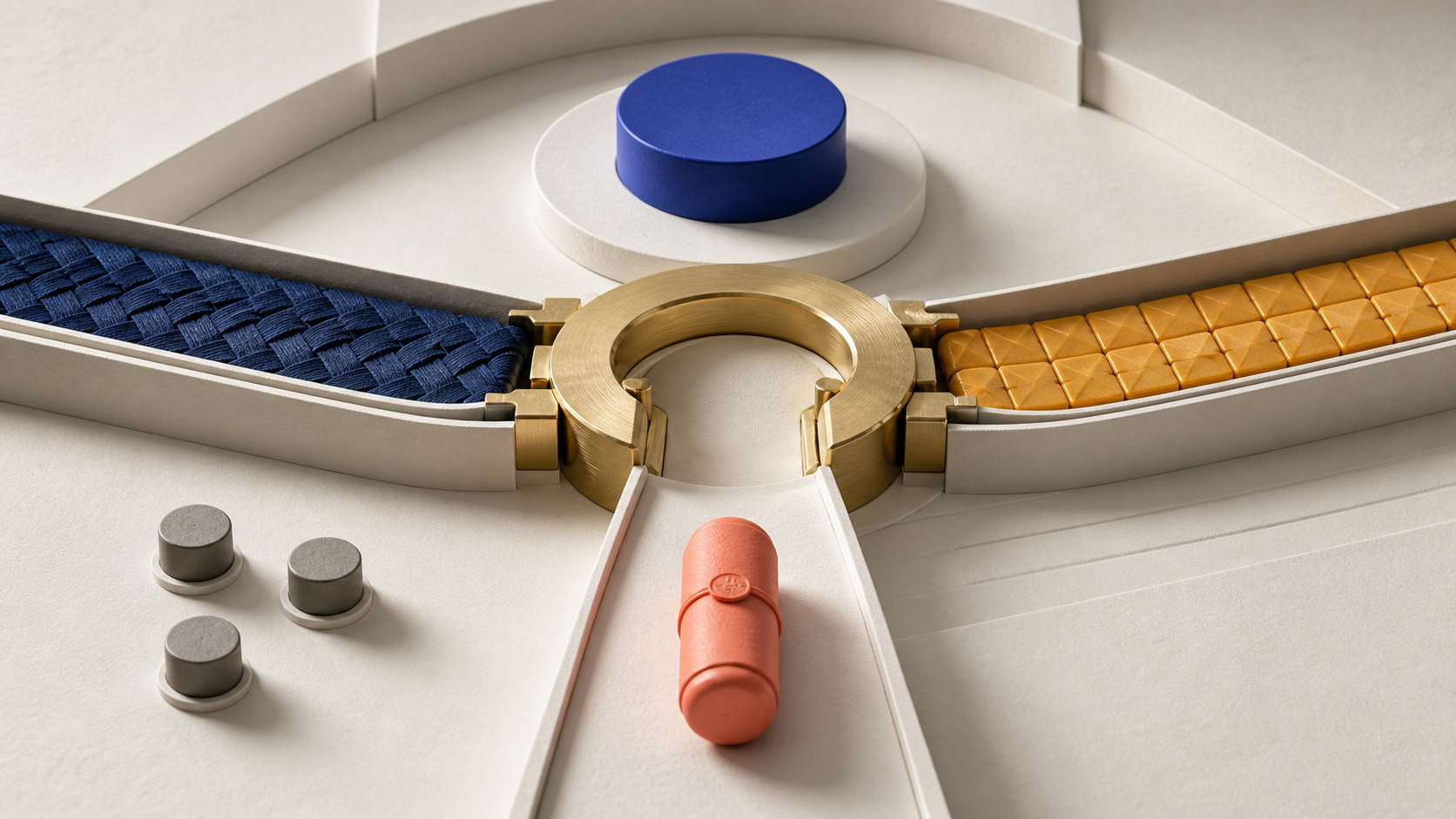 A coral message capsule waits at a brass gate where two independent evidence paths meet