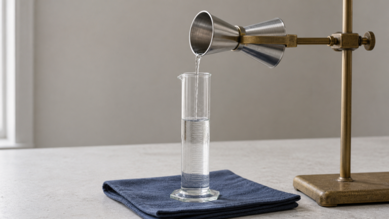 A metal fluid-ounce jigger pours water into an unnumbered graduated glass cylinder