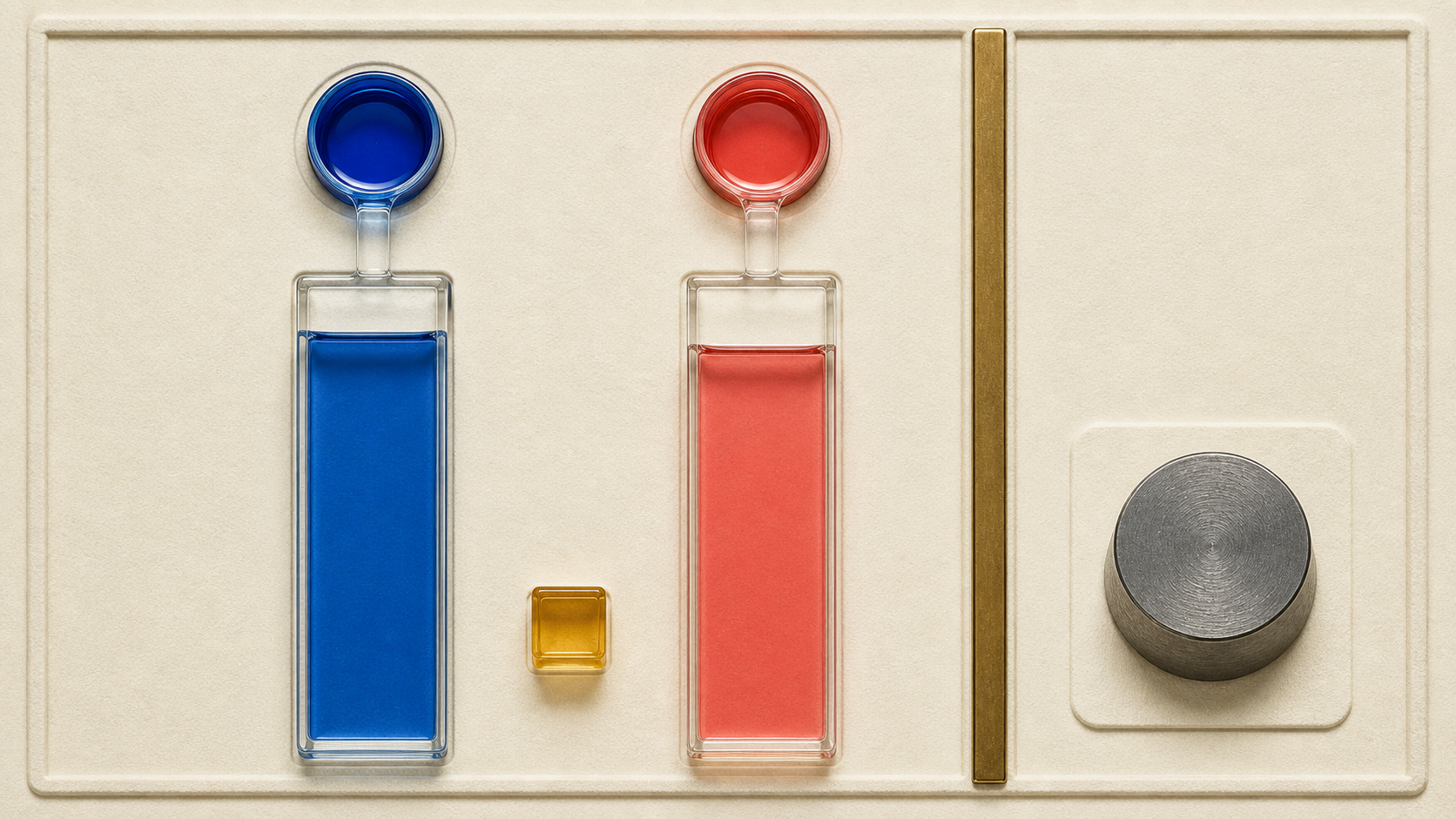 Blue and coral liquid columns differ slightly while a gray weight puck remains physically separate