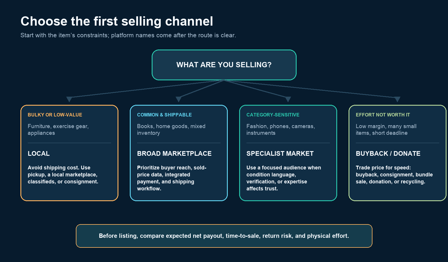 Bulky, shippable, category-sensitive, and low-margin used items route to local, broad, specialist, and low-effort channels