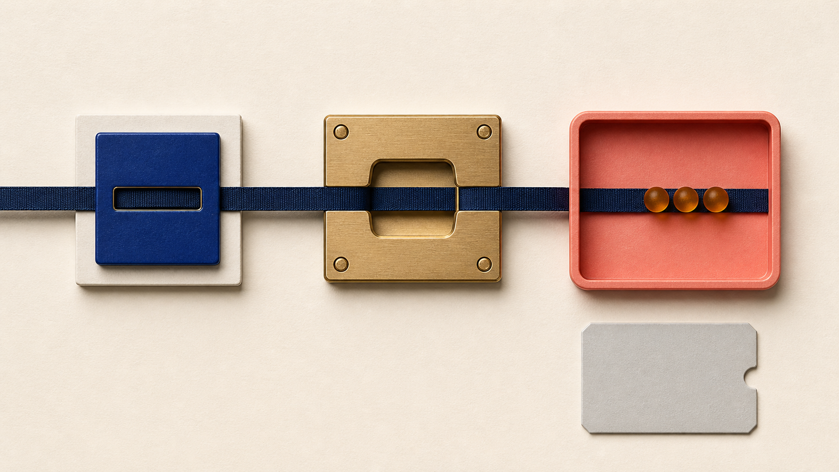 Three physical link stations carry an indigo route and three amber tracking beads into one destination tray
