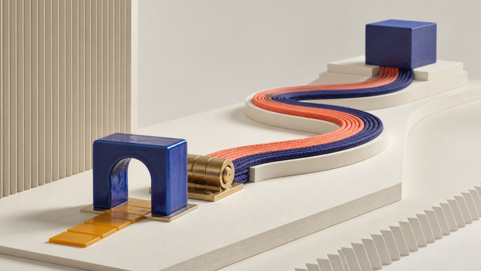A short amber path enters a cobalt gateway and continues through a brass redirect into a longer hidden route
