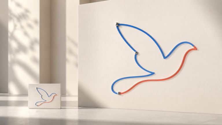 The same smooth anchored curve stays sharp on a small card and a large wall