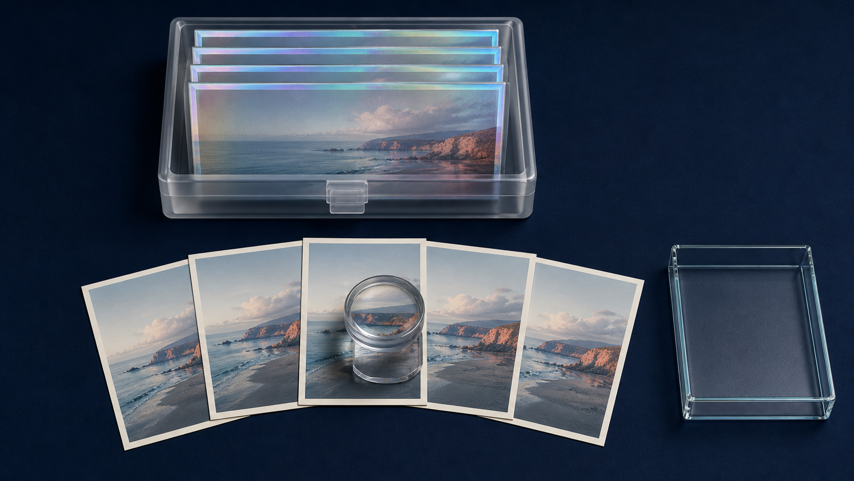 Five converted photo copies are inspected below a sealed tray of five source images