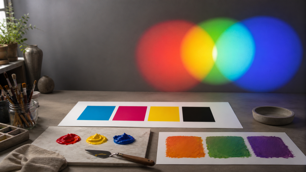 A color studio comparing red green blue light, cyan magenta yellow print swatches, and red yellow blue paint